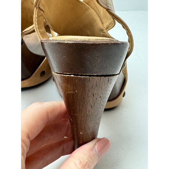 Diane Von Furstenberg Shoes Women 6 Tan Leather Open Toe Slingback Wood Heels - Picture 9 of 12